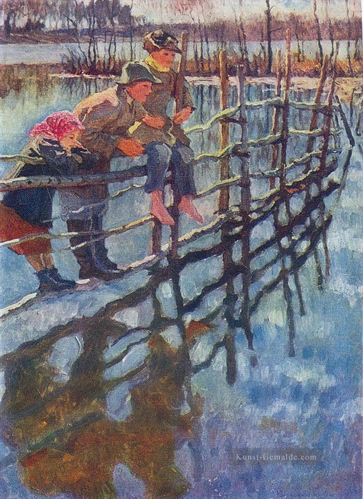 Kinder auf einem Zaun Nikolay Bogdanov Belsky Kinder Kinder Impressionismus Ölgemälde